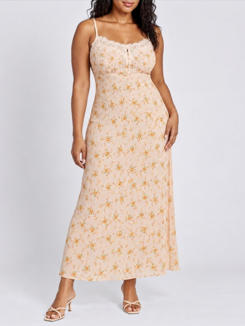 GAP Crepe Lace Trim Sweetheart Slip Maxi Dress Peach Ditsy Floral Y2K Romantic L